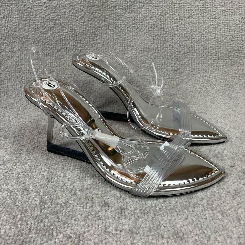 Good American Wedge Heels Silver Clear Block Heels Sandals Size 6 Brand New
